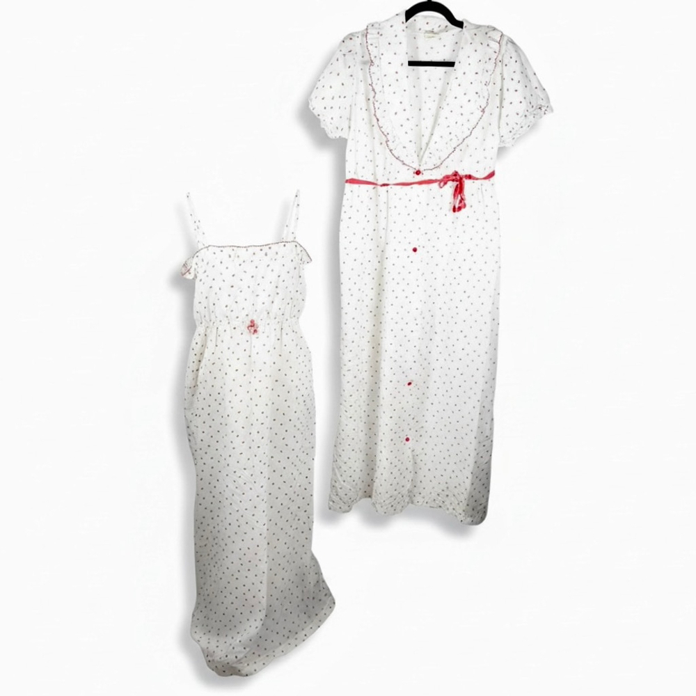 Vintage Strawberry Print Nightgown Robe Set Peignoir Pink White Cottage Size S - Picture 3 of 14